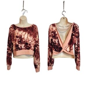 Derek Heart NEW Tie Dye Velour Twist Back Cropped Sweatshirt Top Pink Medium